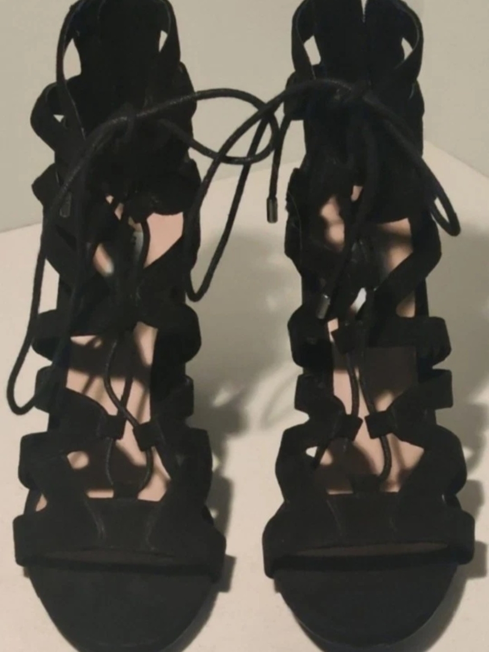 Steve Madden Womens 9 Black Suede Leather Lace Up Sandal Block Heels New